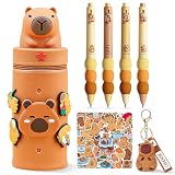 CYGMRFH Estuche Capibara, 4 Boligrafos Coloridos, Estuche Escolar Kawaii 2 en 1, Silicona Suave, Llavero Capybara Animales Portabolígrafos Pegatinas, Portabolígrafos Regalo para Niños y Adultos (C6)