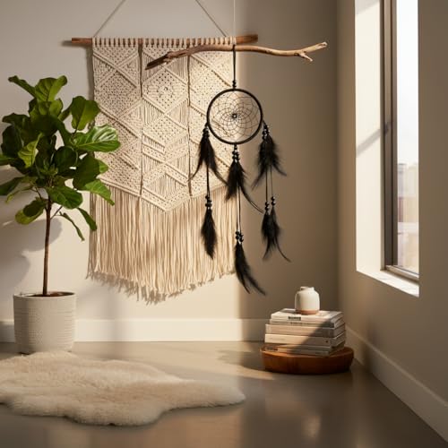 Handmade Large Wood Beads Dream Catcher Dreamcatcher Craft Hanging Pendant Ornament Gift for Living Room Home Decoration Wedding and Festivals (Black) - Image 3