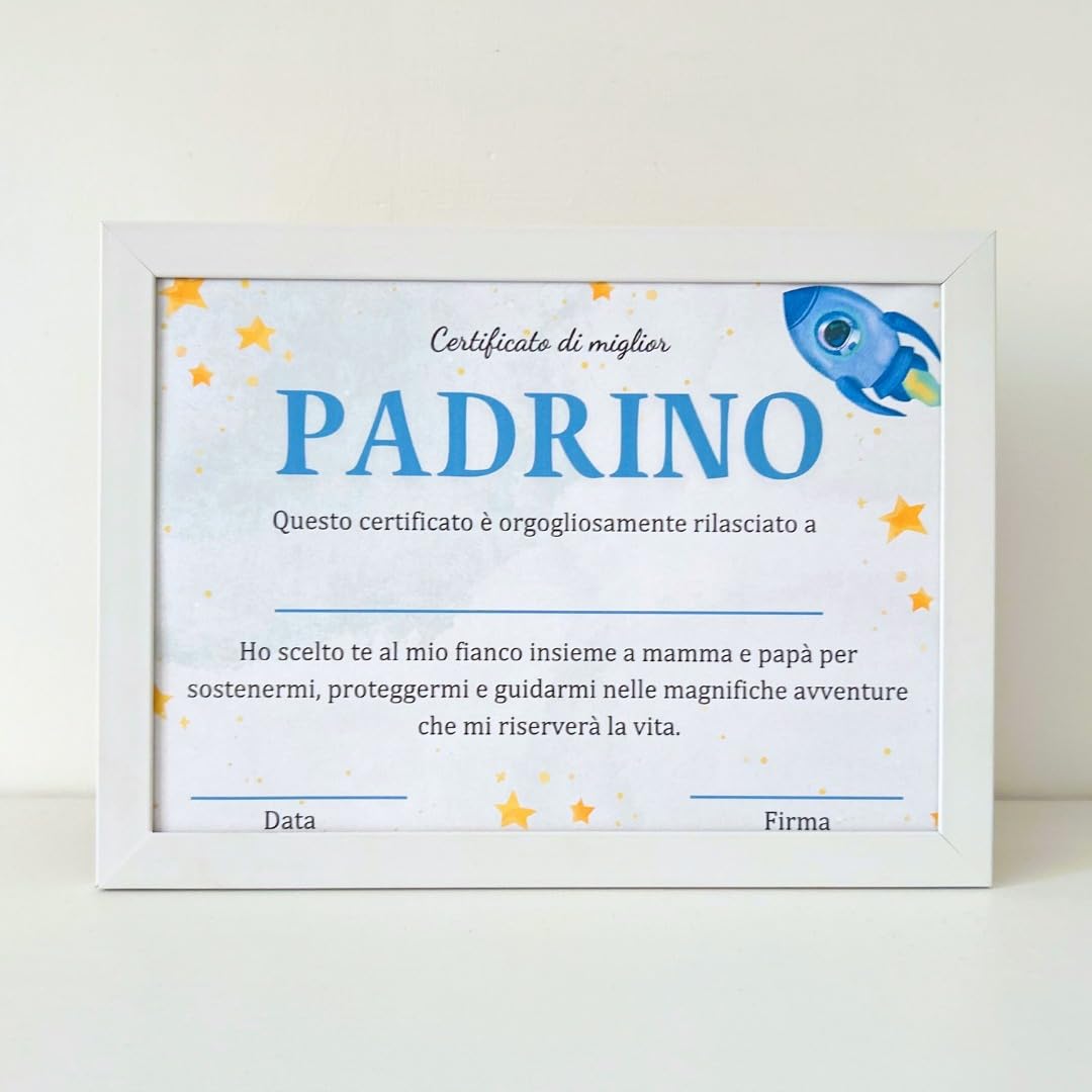 Diploma Miglior Padrino con Cornice, Idea Regalo Battesimo, Certificato di Miglior Padrino Personalizzato (PADRINO)