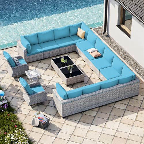Image of Outdoor PE Wicker Rattan Modular Patio Sectional Sofa Set | 17-Piece: 12 Modular Seats, 2 Coffee Tables, 2 Swivel Rocking Chairs & Side Table, Lake Blue
