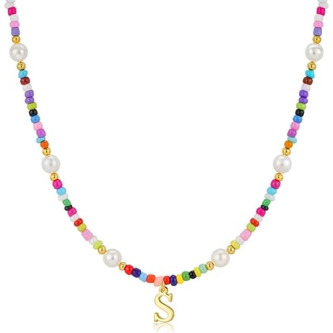 M MOOHAM Colorful Initial Necklaces for Girls Women Kids - Christmas Stocking Stuffers Beaded Pearl Choker Necklace for Women Teen Girl Gifts Trendy Personalized Letter Birthday Gifts Kids Jewelry