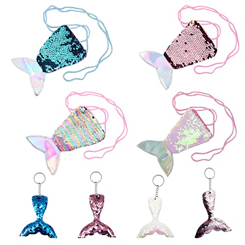 PFLYPF Fischschwanz Set Zubehör, 4-Stücke Tasche, Pailletten Geldbörse; Mit vier Meerjungfrau Schlüsselanhängern; Geburtstagsgeschenk, Mottoparty, Halloween (4 Farben), Weiß, Blau, Rosa, Klar