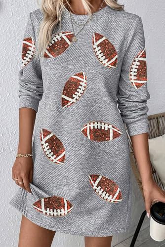 Image of Womens Sweatshirt Dresses Rugby Game Day Long Sleeve Pullover Tops Football Sequin Crewneck Textured Shift Dress
