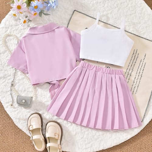Image of HIHA Girls 3 Piece Outfit Cami Crop Tops Skirt Set with Button Down Shirts Size 6-12