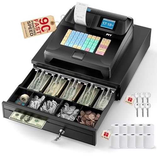 Image of PYY Cash Register for Small Businesses - Commercial Electronic Caja Registradora para Negocio with Black Large Lock Cash Drawer Box, 8 Digital Dual Display Retail System for Restaurant Supermarket