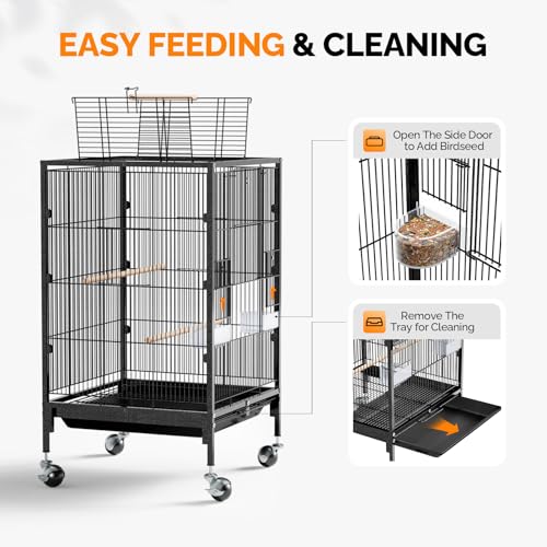 VINGLI 38-inch Bird Cage with Wheels, Durable Wrought Iron Parakeet Cage with Slide Out Tray, Black Bird Cages for Parakeets/Lovebird/Cockatiels/Budgies and Other Small/Medium Birds (Medium-38 inch) - Image 4