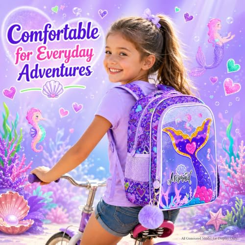 Image of 16 inch Mermaid Backpack for Girls, 3Pcs Kids Fish Tail Backpacks with Lunch Box, School Bookbag for Elementary Preschool Kindergarten(Purple)