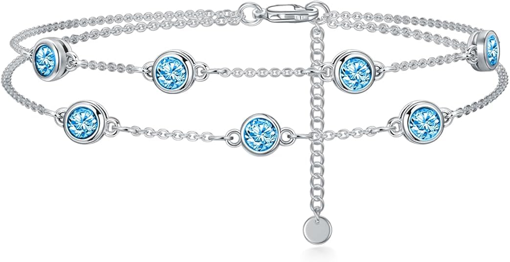 Dorunmo Rundes Geburtsstein-Armband Fußkettchendoppellagige Ketteverstellbar aus 925er Sterlingsilber mit Zirkonia Valentinstag Muttertag Geburtstage Weihnachten für Frauen Freundinnen Mütter