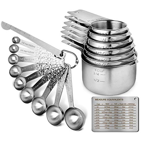 Ga HOMEFAVOR Set of 18 Pcs Measuring Spoons Cups Durable Single Stainless Steel 7 Measuring Cups and 9 Measuring SpoonsLevel with 2x D-Rings and Magnetic Measurement Conversion Chart