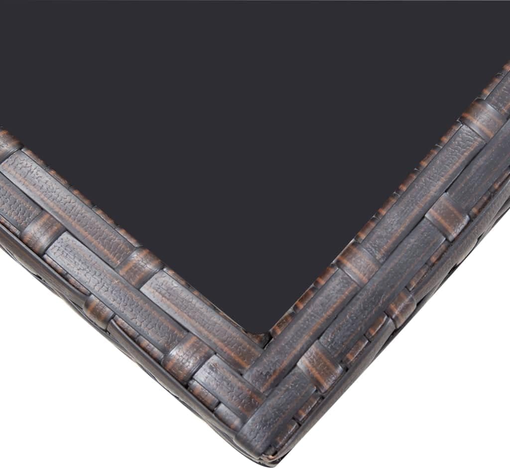 Close-up view of the brown poly rattan weave and the dark glass tabletop of the INLIFE dining set.