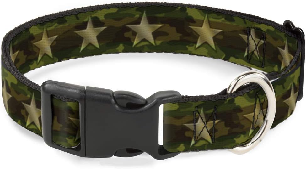 Buckle-Down Plastic Clip Collar - Star Camo Olive/Gold - 1.5" Wide - Fits 16-23" Neck - Medium