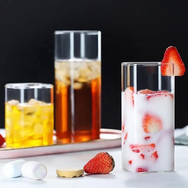 Clear Square Drinking Glasses for Espresso Iced Coffee Beverage Breakfast Drinking 400 ml-Gift-Happy Hour