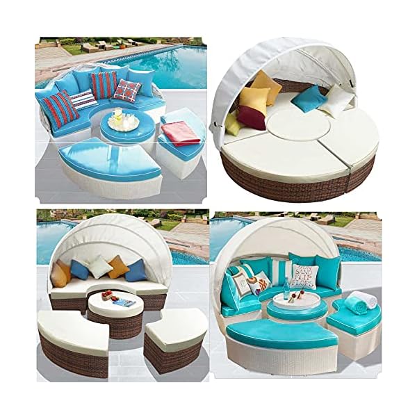 Garden Round Daybed Bed - Poly Rattan Sun Day Sectional Sofa Bed with Table and Canopy - Outdoor Patio Sofa Lounger Set - Modern Sunbed Lounge Furniture - Image 9