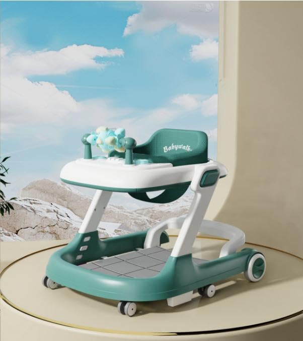 Chodzik Babywalker 2w 1, funkcja przechylania leżak z kółkami, muzyka, plac zabaw stół jadalny składany chodzik, zielony