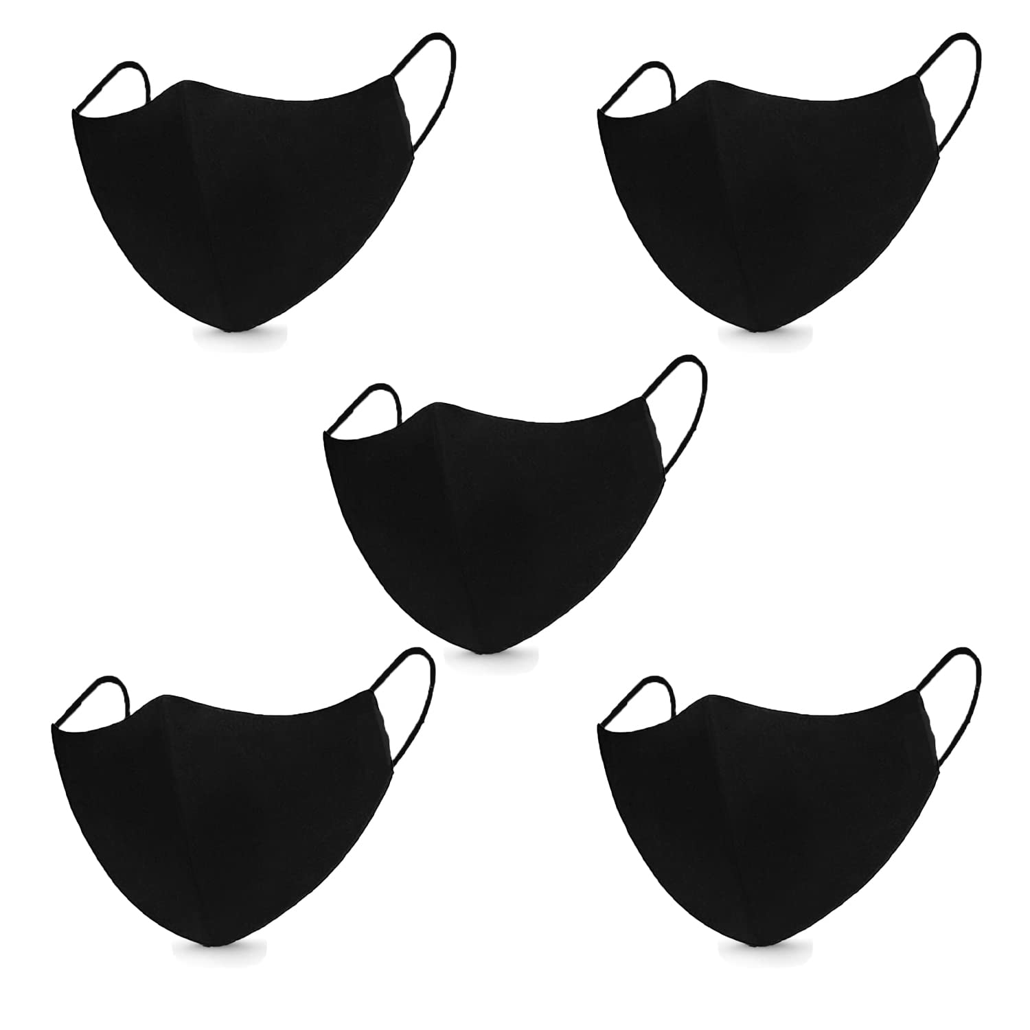 Plain Black Cotton Mask, (Set of 5 Pcs). Light Weight, Breathable & Skin Friendly. Washable & Reusable Fabric. Soft Spanex Ear Loops & 3 Layer of Protection for Men's & Women's