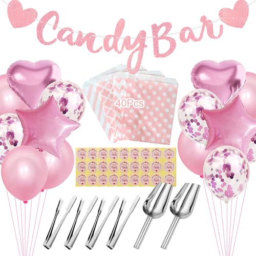 69 Pièces Candy Bar Bar a Bonbon Candy Bar Decoration Candy Bar Guirlande Sachet Papier Bonbon Autocollants Cuillères à Glace Inox Pince a Sucre Ballons...