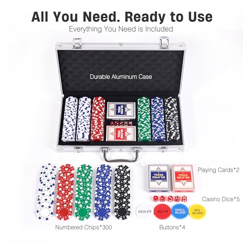 Image of 300 Pcs Poker Chips Set for Texas Holdem, 11.5g Clay Chips with Aluminum Carrying Case, Playing Cards & Game Buttons