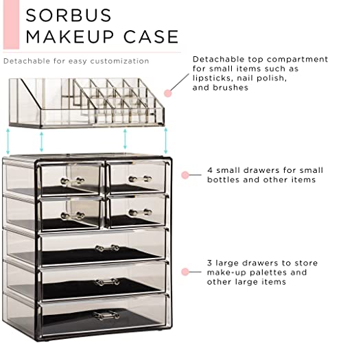 Image of Sorbus Acrylic Makeup Organizer Set, 7-Drawer Vanity & Countertop Cosmetic Storage with Small & Wide Compartments, Black-Tint Makeup Storage for Brushes, Jewelry - Holiday Gift for Women & Teens