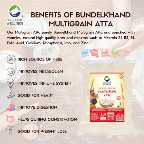 Image of Organic Wellness Multigrain Atta 5kg Pack | High Protein Jowar (Millet 10%) Flours | High Fiber | Low Gluten, & Diabetic Friendly Fresh Whole Wheat Flours