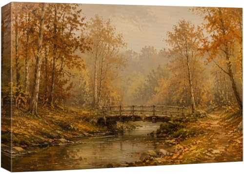 SIGNWIN Canvas Wall Art Foggy Autumn Birch Forest Wooden Bridge Creek Multicolor for Living Room, Bedroom, Office - 32"x48"