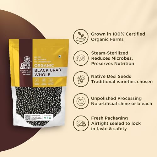 Image of Pure & Sure Organic Black Urad Dal Whole 500gm | 100% Natural Sabut Urad | Certified Organic | Rich in Protein, Iron & Fiber | No Chemicals & Additives