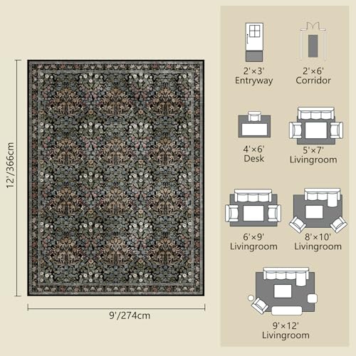 Image of Traditional Design Vintage Floral Area Rug 9 x 12,Washable Area Rugs - Perfect for Living Room, Bedroom, Kids Room, Nursery - Stain & Water Resistant Non-Slip, Dining Room Decor