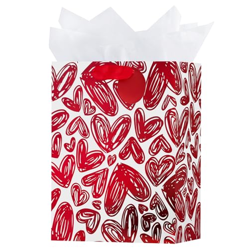 OFIHANLY 2 Pack 12.6" Medium Size Happy Valentine's Day Gift Bags with Handles for Women Her Red Heart Paper Gift Wrap Bags with Tissue Paper for Kids