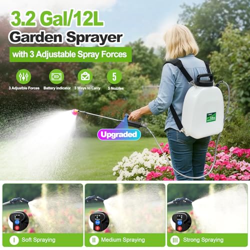 Image of Battery Powered Sprayer 3.2 Gallon, Backpack Sprayer with 3 Adjustable Forces, Battery Indicator, 5 Mist Nozzles, 41 inch Retractable Wand, USB Rechargeable Garden Sprayer for Weed Lawn Yard