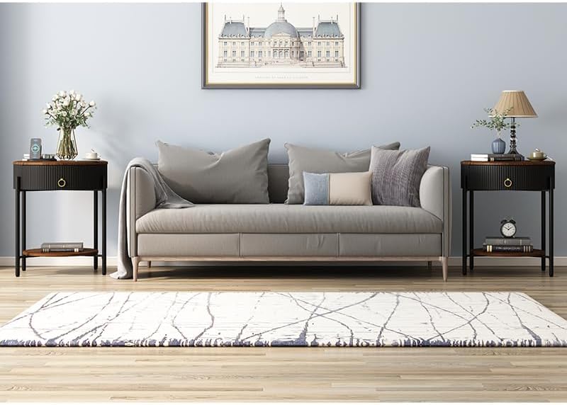 Miniatura 7 de OIOG Mesa auxiliar moderna con cajón, mesa auxiliar industrial de 2 niveles con estante, mesita de noche de grano de madera con almacenamiento para