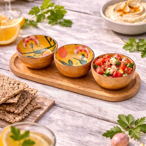 Image of Chumbak Limonata Trio Wooden Bowl Set | Citrus Collection | Mango Wood Trio Bowl Set | with Tray | Citrus Print | Food Safe | Chakna Serveware | Gifting Bowl Set