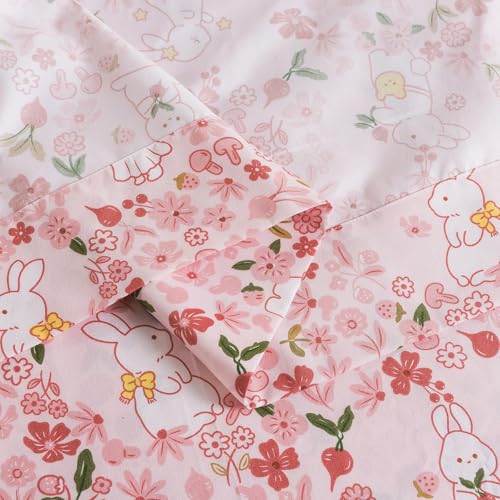 Image of Caressma Twin Size 5 Pieces Pink Comforter Set, Lovely Rabbit Pattern Kids Bedding Set in a Bag with Floral Comforter, Fitted Sheet, Flat Sheet, Pillow Case & Pillow Sham