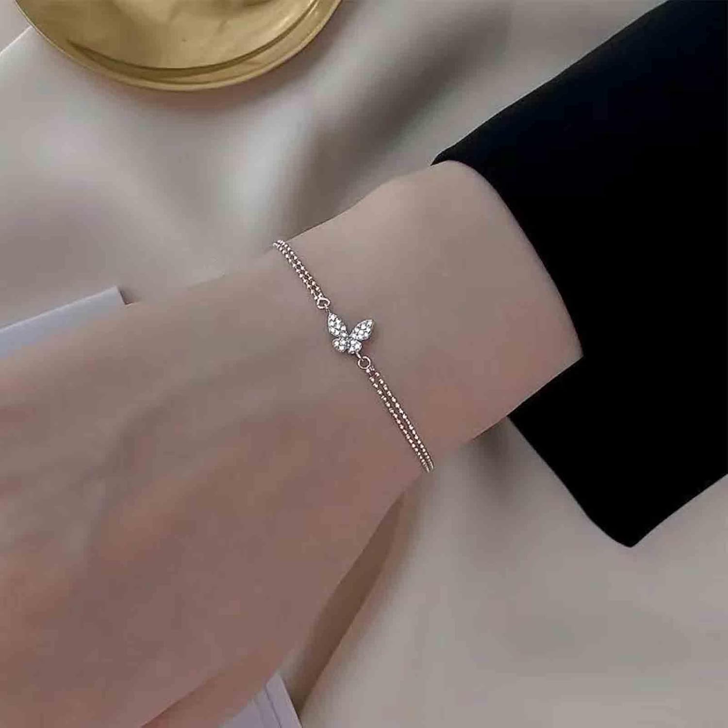 Vintage Crystal Butterfly Chain Bracelet Silver Double Layered Alloy Bracelet Cz Butterfly Hand Chain Bracelet Jewelry for Women - Image 5