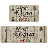 HSOWKDN Farmhouse Kitchen Mats for Floor 2 Piece, The Kitchen is The Heart of The Home Grey Rustic Kitchen Rugs Decor Sets of 2 Non Slip Washable