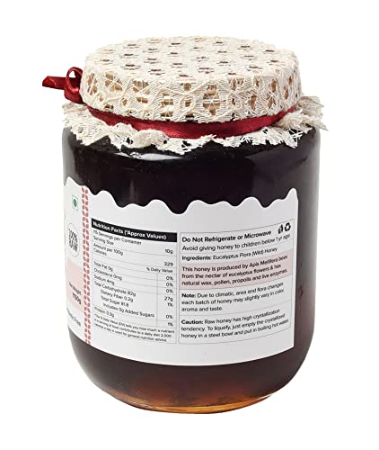 Image of Farm Naturelle Eucalyptus Flower Wild Forest (Jungle) Honey 1000g + 150g Extra|100% Pure Honey| Raw & Unfiltered|Unprocessed|Lab Tested Honey In Glass Jar with Engraved Virgin Wooden Spoon