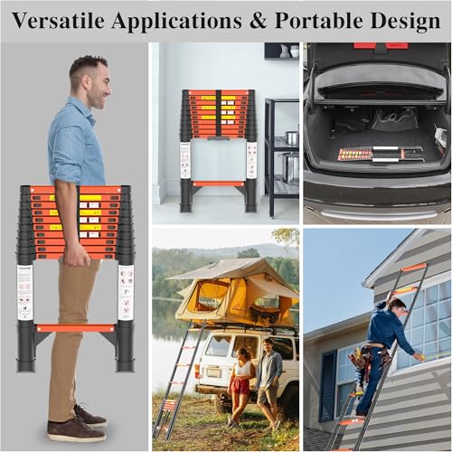 Image of Telescoping Ladder, 10.5 FT 330 Lbs Aluminum Extension Ladder, Black Orange | Telescopic, Collapsible & Adjustable, Compact Retractable Ladder for House, Roof, RV & Travel Trailer