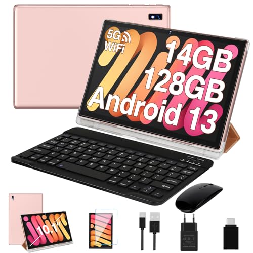Image of Oangcc Tablet Android 13 Tablets 10 Inch 14GB RAM 128GB ROM 2TB Expand with Keyboard, Mouse, Case, 8000mAh Battery, Octa-Core, GPS, 5G /2.4G Wi-Fi, BT5.0, IPS HD Display (Gold)