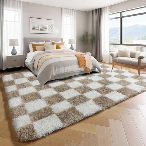 Image of KICMOR Area Rugs 8x10 for Living Room, Large Fluffy Beige and Cream White Checkered Rug Big Fuzzy Shag Shaggy Carpets for Bedroom, Soft Plush Furry Rug for Boy Girls Room Dorm Home Decor Aesthetic