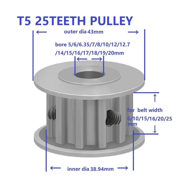 Polea de correa 25 dientes T5, dentada rueda síncrona, ancho transmisión 10/15/20/25mm, piezas máquina polea(12mm,4pcs 16mm-01)