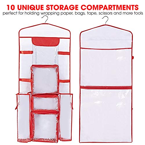 Primode Wrapping Paper Storage Hanging, Over The Door Wrapping Paper Organizer, Double Sided Multiple Front And Back Pockets, Store Your Gift Wrap, Gift Bags, Ribbon, Bows And Accessories, 40”X17” Fits Long 40 Inch Rolls, Clear Pvc Bag (Red) #TOP1