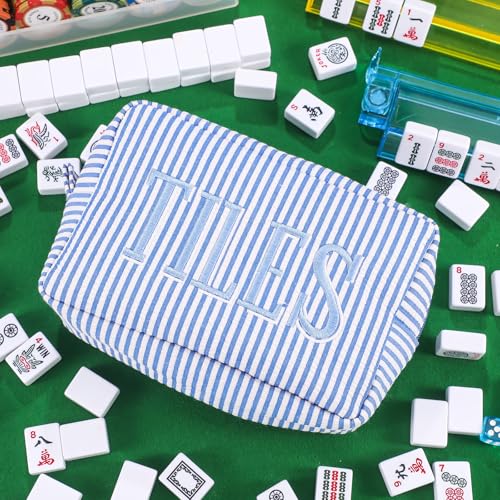 Sunnymove Empty Mahjong Bag Thickened American Mahjong Tiles Bag with Zipper Storage Pouch for Board Game Pieces Game Party Travel Gatherings Accessories, 10.4''x5.6'', Case Only (Tiles,Striped Blue) - image 4