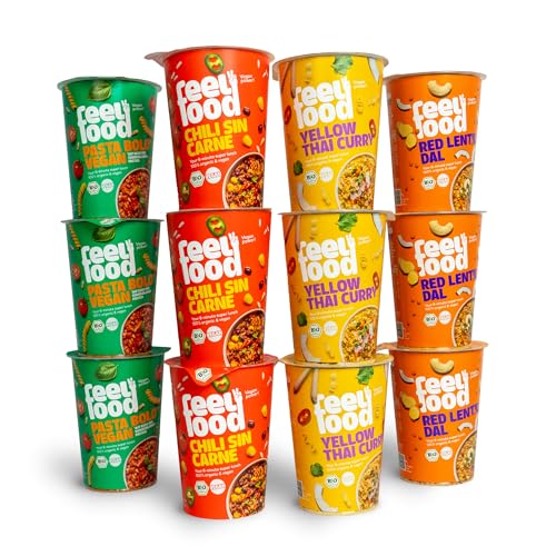 Feel Food - BIO Instant Lunch vegan 12er Set Probierpaket - Bestehend aus Chili Sin Carne, Thai Curry, Vegan Bolo, Red Lentil - Fertiggericht proteinreich & sättigend – Ohne Konservierungsstoffe