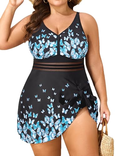 Women's Plus Size Tankini Swimsuits Mesh Two Piece Swim Dress Criss Cross V Neck Swimwear with Briefs