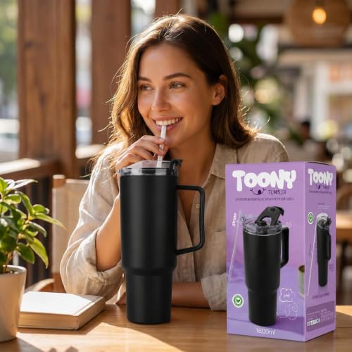 Image of SR Plastic Tonny Tumbler with Handle, Straw & Lid, - Mug with Lid | Reusable Plastic Coffee Sipper Mugs with Lid & Straw | Large Tumbler for Travel Mug Water Cup for Gym, Office & Outdoor Use (Black)