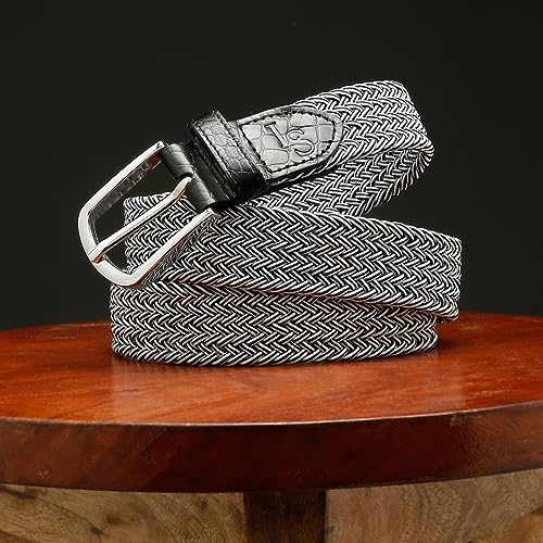 Image of LOUIS STITCH Men's Braided Elastic Stretch Belt with Leather Tipped End Stretchable Canvas Waist Band for Men Women Boys Girls Unisex (Width 3 cm) (BE-EL)