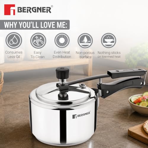 Image of Bergner Aragon Inner Lid Stainless Steel Pressure Cooker 3 Litres, Triply Bottom Design, Non-Toxic Safety Valve, Ergonomic Handle, Mirror Finish, Easy to Use and Clean - Induction and Gas Stove Ready