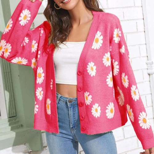 Image of Women's Long Sleeve Cardigan Sweater,Cute Y2K Top Knit Colorful Patterned V Neck Button Outwear S~XL
