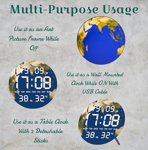 Image of Amazon Brand - Umi Acrylic Digital Wall Clock for Bedroom Living Room Stylish LED USB Tabletop 3D Picture Clocks with Time Day Date Month Temperature Display for Home Office 24.3x24.3cm (Blue Planet)