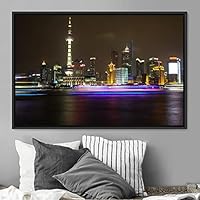 Framed Canvas Wall Art City Illuminations Aerial Cityscape Contemporary Multicolor Photography Places Realism - 16x24 inches