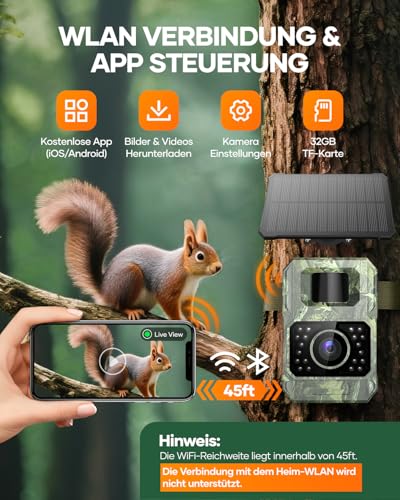 Assark Wildkamera mit Handyübertragungs-App, 48MP 30fps WIAN Solar Wildkamera mit Bewegungsmelder Nachtsicht, Wiederaufladbare 2000mAh Lithium-Batterie, 0,2S Auslöser, IP66 Wasserdicht