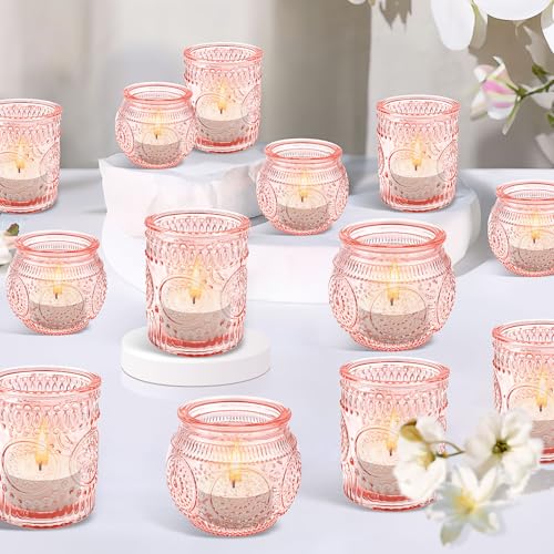 24 Set Pink Tea light Candle Holders, Glass Votive Candle Holders Decorations Bulk, Vintage Embossed Tea light Candles Jar for Wedding Table Centerpiece Easter Birthday Church Party Home